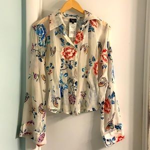 Roberto Cavalli JustCavalli White Floral Print Silk Blend Button Up Blouse